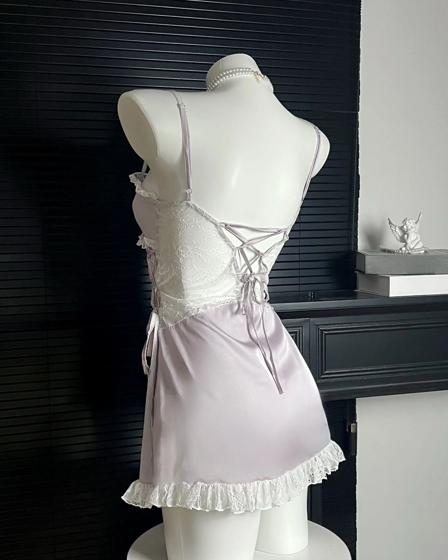 Sheer floral lace back with satin ribbon criss-cross corset lace-up on Swan purple satin nightie – Giulietta Lounge