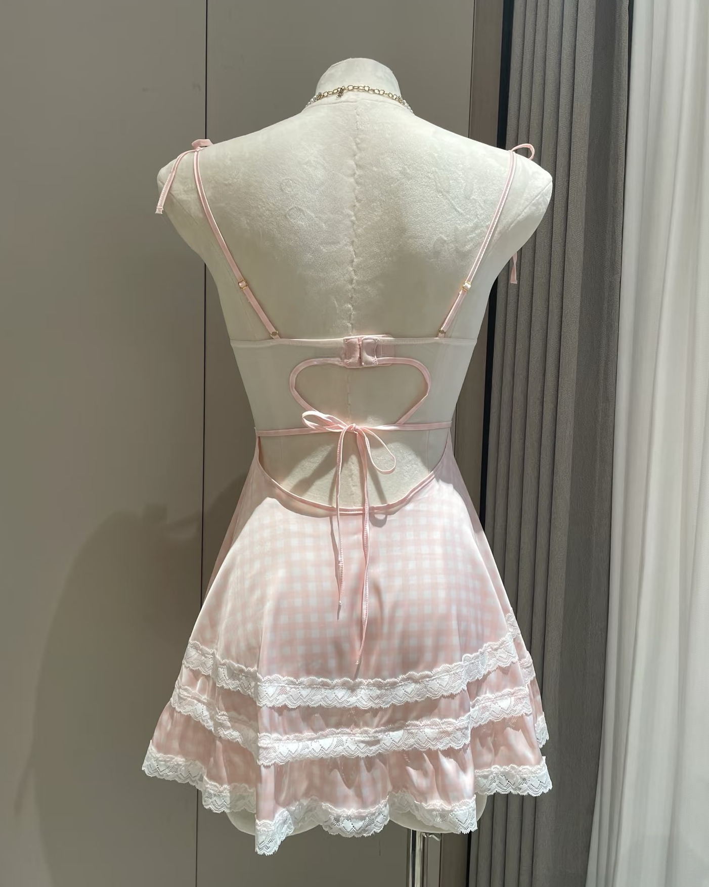 Double-tiered white lace ruffle hem on pink gingham satin nightie – Giulietta Lounge