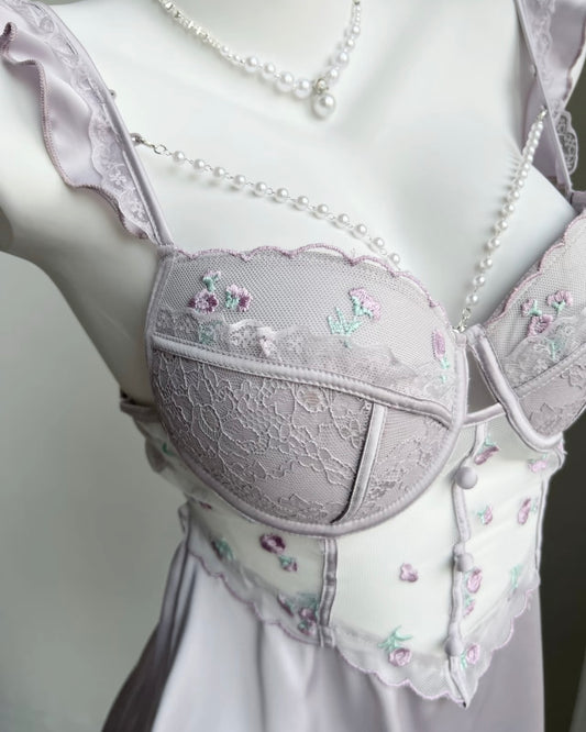 ˖ . ݁new. ݁₊ Lainey Embroidered Satin Corset Nightie in Purple