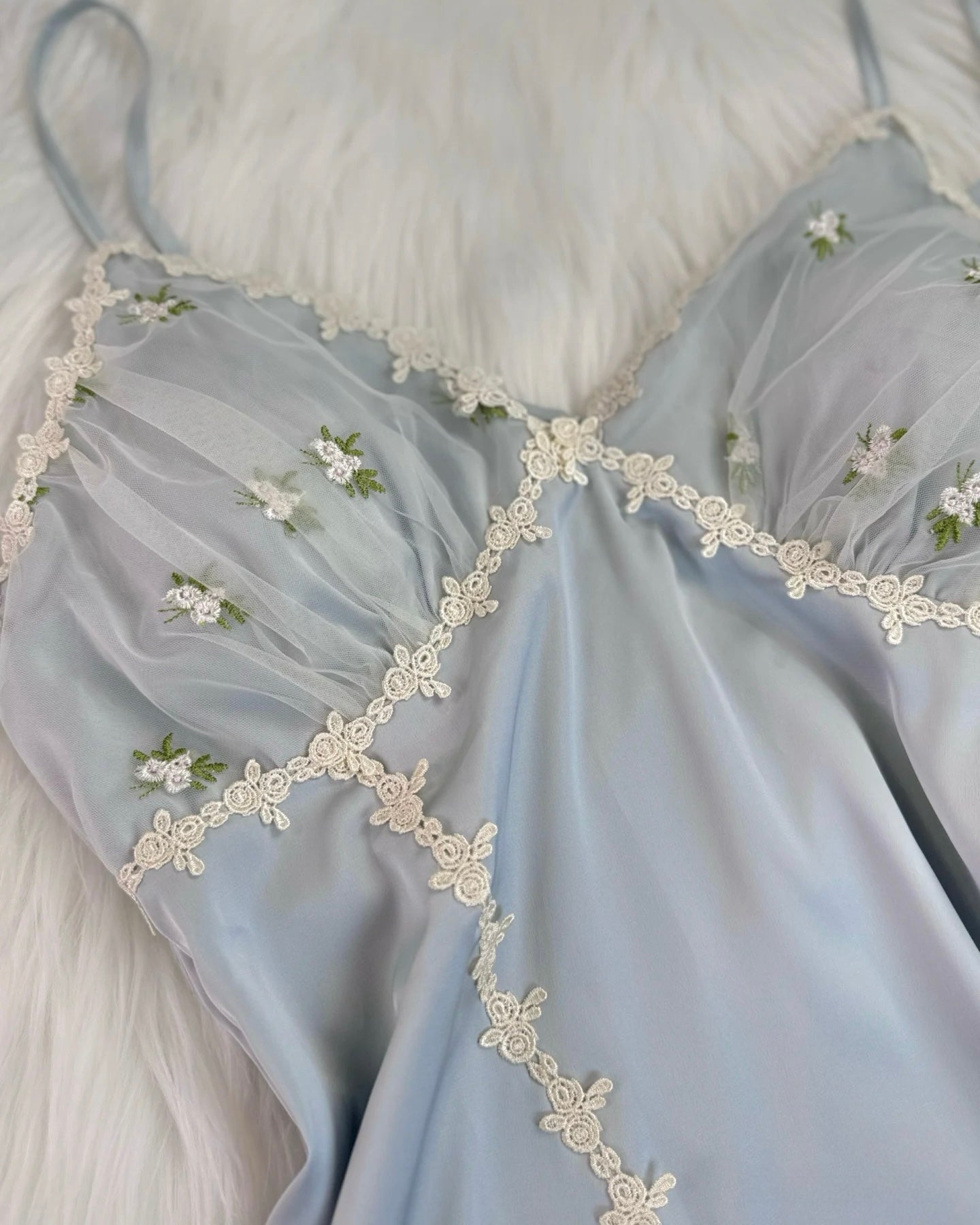 Daphne Floral Embroidery Nightie in Blue