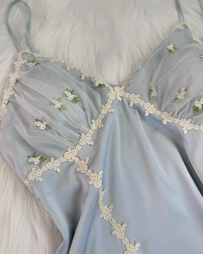 Daphne Floral Embroidery Nightie in Blue