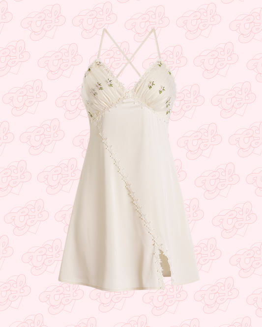 Daphne Floral Embroidery Satin Nightie in Ivory