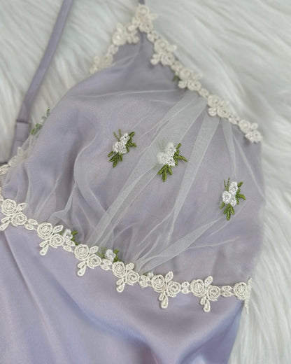 Daphne Floral Embroidery Nightie in Purple