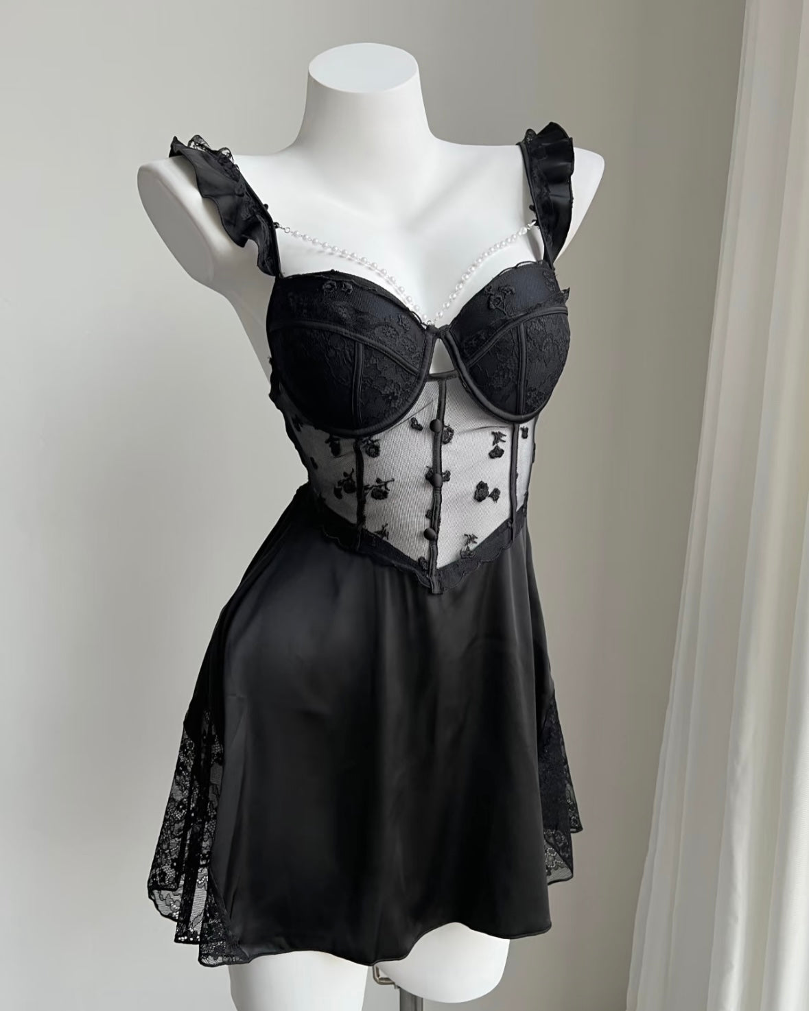 ˖ . ݁new. ݁₊ Lainey Embroidered Satin Corset Nightie in Black