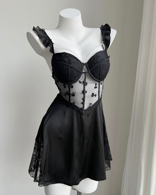 ˖ . ݁new. ݁₊ Lainey Embroidered Satin Corset Nightie in Black