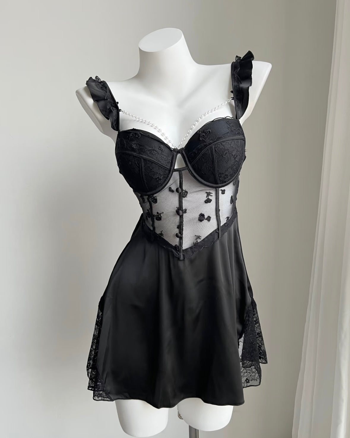 ˖ . ݁new. ݁₊ Lainey Embroidered Satin Corset Nightie in Black