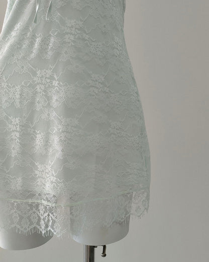 Scalloped floral lace hem on Lottie mint green lace nightie – Giulietta Lounge