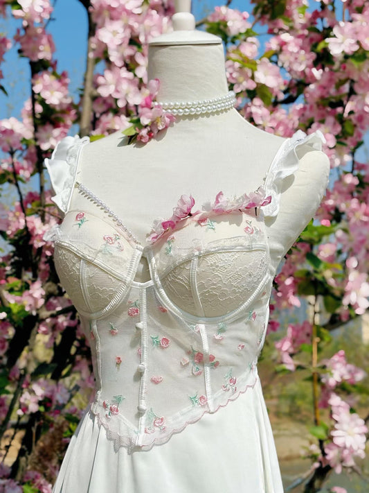 ˖ . ݁new. ݁₊ Lainey Embroidered Satin Corset Nightie in White