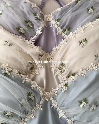 Daphne Floral Embroidery Nightie in Blue
